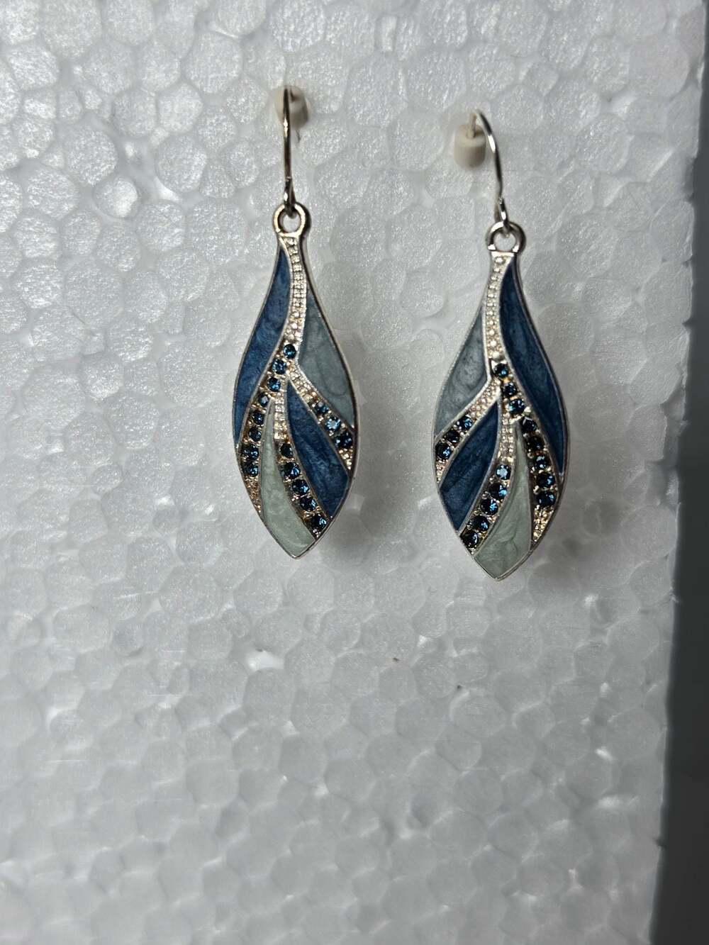Courtney G Blue and Grey Enamel Leaf Dangle Earrings with Rhinestone Accents